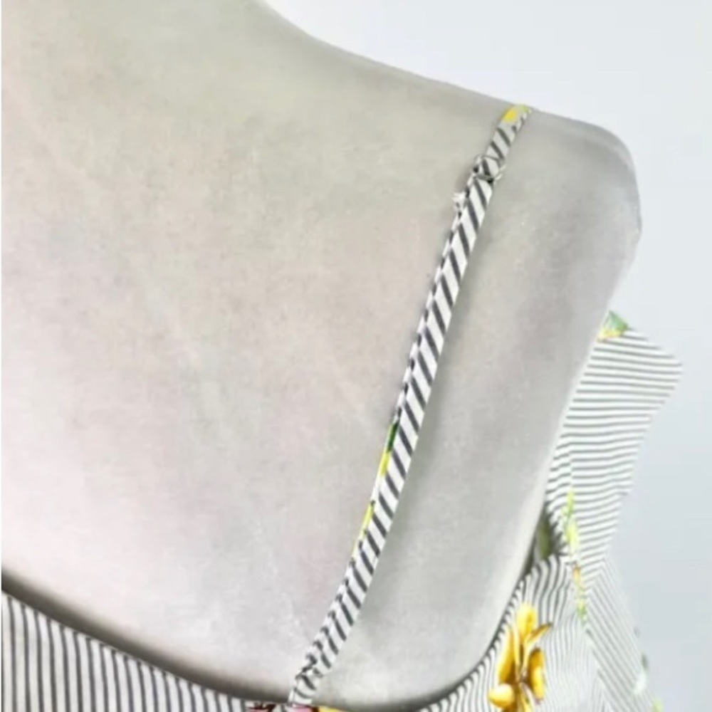 Lumière Floral Striped One Shoulder Long Sleeve Shirt Grey Multi Size S - Picture 8 of 10